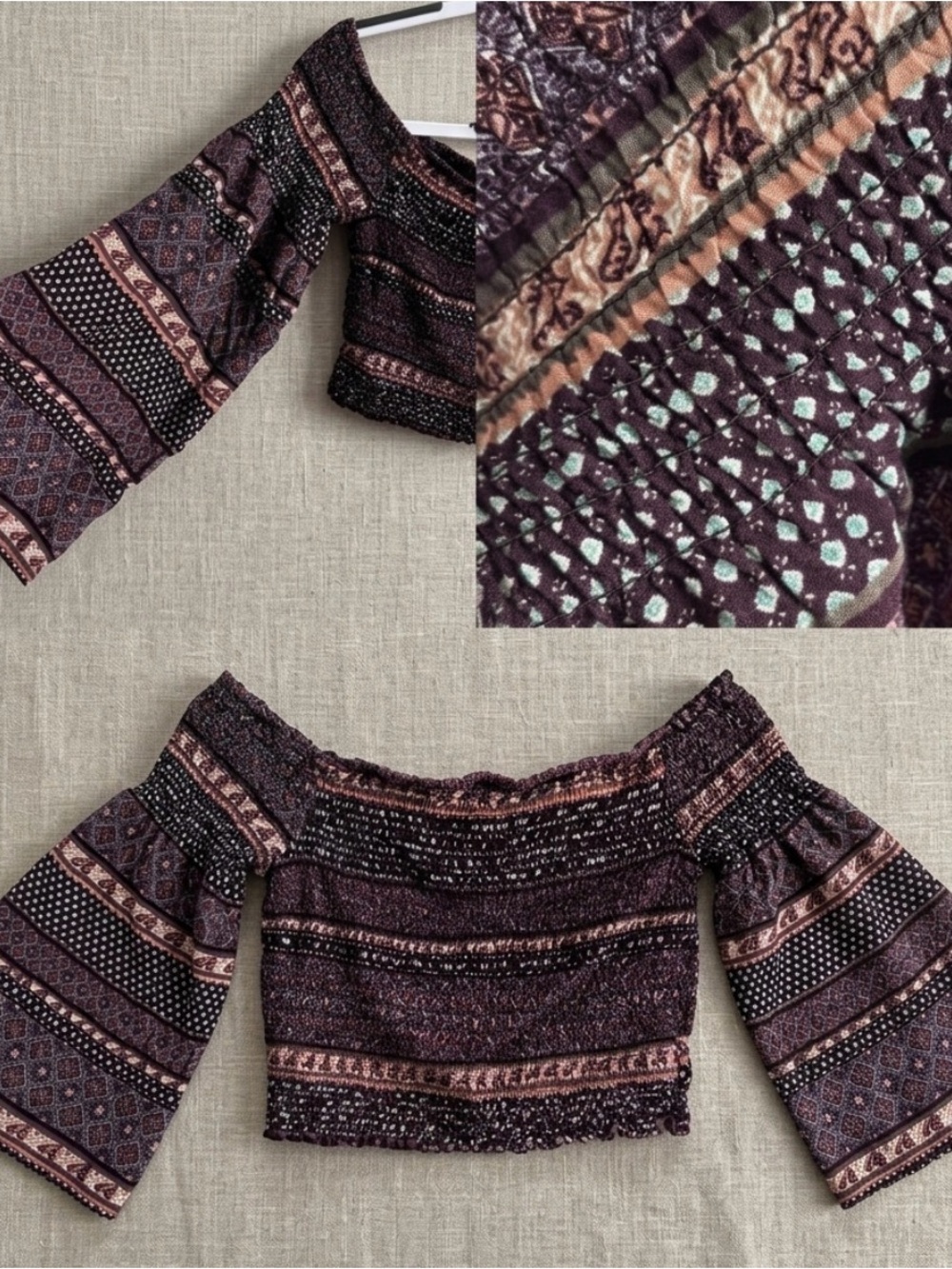 Charolette Russe size Small Smocked Off-Shoulder Peasant Top - Plum Print